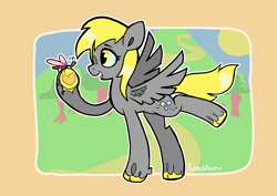 Size: 4960x3508 | Tagged: safe, artist:roachtoon, derpibooru original, character:derpy hooves, species:pegasus, species:pony, g4, g5, cloven hooves, colored hooves, cute, derpabetes, derpy day, ditzy doo, female, g4 to g5, generation leap, hoof heart, hooves, insect, mare, open mouth, outdoors, profile, raised hoof, signature, solo, spread wings, tree, unshorn fetlocks, wings