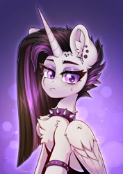Size: 2480x3508 | Tagged: safe, artist:dandy, character:princess celestia, species:alicorn, species:pony, episode:between dark and dawn, g4, my little pony: friendship is magic, armband, choker, dyed mane, ear fluff, ear piercing, earring, eyebrows, eyelashes, eyeshadow, female, folded wings, horn, jewelry, looking at you, makeup, mare, necklace, piercing, punklestia, solo, spiked choker, wings