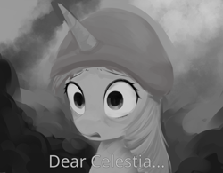 Size: 1500x1169 | Tagged: safe, artist:some_ponu, character:twilight sparkle, species:alicorn, species:pony, g4, digital art, digital painting, female, flashback, grayscale, helmet, horn, mare, misspelling, monochrome, open mouth, redraw, simple background, solo, stare, thousand yard stare, three quarter view, vietnam, vietnam war