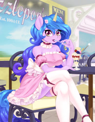 Size: 1865x2400 | Tagged: safe, artist:dstears, character:izzy moonbow, species:anthro, species:unicorn, g5, blueberry, breasts, clothing, cute, dress, drink, eating, eyebrows, female, flower, flower in hair, food, fruit, gradient hair, herbivore, ice cream, izzybetes, lipstick, looking at you, makeup, mare, milkshake, multicolored hair, sitting, skirt, socks, solo, stockings, strawberry, thigh highs