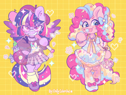 Size: 2520x1897 | Tagged: safe, artist:oofycolorful, character:pinkie pie, character:princess celestia, character:spike, character:twilight sparkle, character:twilight sparkle (alicorn), species:alicorn, species:earth pony, species:pony, g4, baseball bat, bipedal, candy, chibi, clothing, cute, diapinkes, food, full face view, glasses, harajuku, hoof hold, lollipop, looking at you, semi-anthro, signature, smiling, spread wings, three quarter view, twiabetes, weapon, wingding eyes, wings