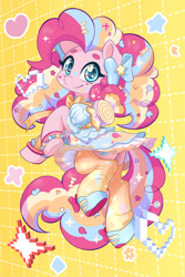 Size: 1604x2400 | Tagged: safe, artist:dstears, character:pinkie pie, species:earth pony, species:pony, g4, abstract background, bipedal, candy, chibi, clothing, colored eyebrows, colored pupils, cute, diapinkes, female, food, harajuku, lollipop, looking at you, mare, rainbow power, semi-anthro, shoes, three quarter view, wingding eyes