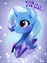 Size: 2048x2732 | Tagged: safe, artist:sjmarts, character:trixie, species:pony, species:unicorn, g4, abstract background, bust, cape, clothing, colored eyebrows, cute, diatrixes, eyebrows, eyelashes, female, high res, horn, mare, portrait, profile, signature, smiling, solo, text, trixie's cape