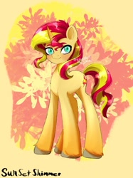 Size: 1024x1366 | Tagged: safe, artist:sjmarts, character:sunset shimmer, species:pony, species:unicorn, g4, my little pony:equestria girls, abstract background, colored eyebrows, colored hooves, colored pupils, eyebrows, female, hooves, looking at you, mare, signature, simple background, solo, text, unshorn fetlocks