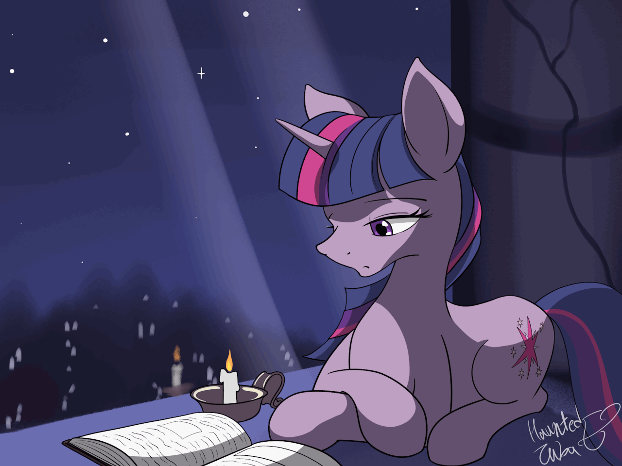 Size: 1280x960 | Tagged: safe, artist:hauntedtuba, character:twilight sparkle, character:twilight sparkle (unicorn), species:pony, species:unicorn, g4, animated, blinking, book, candle, eyebrows, female, lying down, mare, meteor, night, night sky, prone, reading, shooting star, signature, sky, sleepy, solo, starry night, stars, tail flick, three quarter view, tired