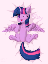 Size: 2160x2880 | Tagged: safe, artist:hsf, derpibooru original, character:twilight sparkle, character:twilight sparkle (alicorn), species:alicorn, species:pony, g4, bed, cheek fluff, chest fluff, colored pupils, cute, dock, female, frog (hoof), hooves, looking at you, lying down, mare, nyan, on back, on bed, one eye closed, solo, spread wings, tail, tongue out, twiabetes, underhoof, wings, wink, winking at you