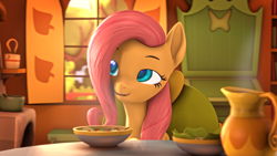 Size: 3840x2160 | Tagged: safe, artist:sylthena, character:fluttershy, species:pegasus, species:pony, g4, 3d, 4k, book, bush, chair, coffee, colored pupils, cozy, crepuscular rays, cute, dawwww, dinner, drink, female, fluttershy's cottage, food, furnace, glowing, glowing eyes, happy, high res, horn, lamp, mare, nature, offscreen character, pov, romance, romantic, salad, shipping, shyabetes, sitting, soup, source filmmaker, steam, table, talking, talking to viewer, tree, volumetric light, wings