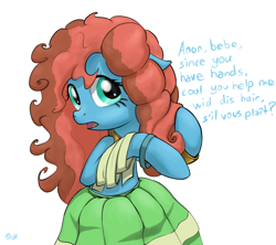 Size: 1472x1307 | Tagged: safe, artist:alignac, character:meadowbrook, species:earth pony, species:pony, g4, accent, alternate hairstyle, bipedal, cajun ponies, clothing, cute, dialogue, dress, eyelashes, female, floppy ears, head turn, implied anon, looking at you, loose hair, mare, meadowcute, open mouth, signature, simple background, skirt, solo, three quarter view, white background