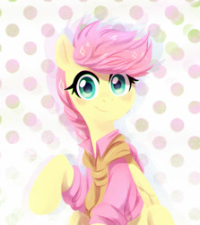 Size: 800x895 | Tagged: safe, artist:jumblehorse, character:fluttershy, species:pegasus, species:pony, g4, abstract background, alternate hairstyle, blushing, clothing, cute, female, looking at you, mare, raised hoof, shyabetes, smiling, solo, three quarter view