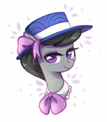 Size: 600x681 | Tagged: safe, artist:jumblehorse, character:octavia melody, species:earth pony, species:pony, g4, abstract background, bow tie, bust, clothing, colored pupils, female, hat, looking at you, mare, simple background, smiling, solo, three quarter view, white background