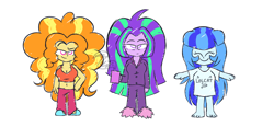 Size: 3720x1880 | Tagged: safe, artist:iceflower99, derpibooru original, character:adagio dazzle, character:aria blaze, character:sonata dusk, g4, my little pony:equestria girls, barefoot, belly button, breasts, busty adagio dazzle, clothing, coffee, coffee mug, cute, drink, feet, female, happy, height difference, looking at you, morning ponies, mug, pajamas, pigtails, shoes, simple background, sketch, slippers, smiling, sonatabetes, the dazzlings, twintails, white background