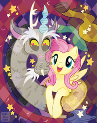 Size: 500x636 | Tagged: safe, artist:inki-drop, character:discord, character:fluttershy, species:draconequus, species:pegasus, species:pony, ship:discoshy, g4, abstract background, cute, duo, female, looking at you, male, mare, open mouth, open smile, shipping, shyabetes, smiling, spread wings, stars, straight, wings