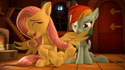 Size: 3840x2160 | Tagged: safe, artist:psfmer, character:fluttershy, character:rainbow dash, species:pegasus, species:pony, g4, 3d, 4k, biting, cute, dashabetes, eating, eyes closed, fluttershy's cottage, grooming, laughing, moon, nom, open mouth, preening, shyabetes, sitting, source filmmaker, wing bite, wings