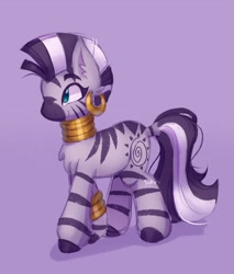 Size: 1593x1866 | Tagged: safe, artist:ocado7, character:zecora, species:pony, species:zebra, g4, bracelet, chest fluff, ear piercing, earring, female, jewelry, lavender background, mare, neck rings, piercing, profile, quadrupedal, simple background, solo