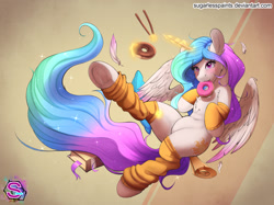 Size: 1845x1380 | Tagged: safe, artist:sugarlesspaints, character:princess celestia, species:alicorn, species:pony, g4, :3, abstract background, belly, blushing, book, chest fluff, clothing, cute, cutelestia, donut, ear fluff, eyebrows, eyebrows visible through hair, feather, female, food, glowing horn, gradient mane, gradient tail, hnnng, holding, horn, leg fluff, leg warmers, magic, magic aura, mare, mouth hold, multicolored hair, pocky, smiling, solo, telekinesis, three quarter view, underhoof, wing fluff, wings