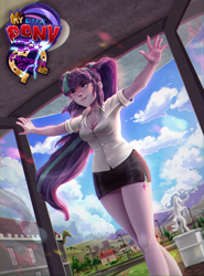 Size: 2107x2851 | Tagged: safe, artist:rysunkowasucharia, character:starlight glimmer, species:eqg human, g4, my little pony:equestria girls, breasts, canterlot high, cleavage, comic cover, cover, cutie mark on equestria girl, dutch angle, entrance, fanfic art, female, grin, logo, s5 starlight, smiling, solo, statue