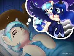 Size: 2982x2267 | Tagged: safe, artist:vinilyart, character:coco pommel, character:princess luna, species:alicorn, species:earth pony, species:pony, g4, bed, bedroom, clothing, cloud, crescent moon, crown, dream, eyes closed, female, flying, hoof shoes, indoors, jewelry, looking at each other, mare, moon, necklace, onomatopoeia, open mouth, open smile, peytral, pony ride, regalia, shoes, sleeping, smiling, sound effects, spread wings, three quarter view, wings, zzz