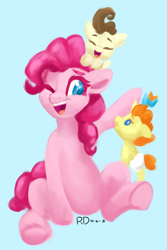 Size: 2000x3000 | Tagged: safe, artist:raphaeldavid, character:pinkie pie, character:pound cake, character:pumpkin cake, species:pony, g4, beady eyes, blue background, colored eyebrows, colored pupils, colt, cute, diapinkes, female, filly, foal, high res, male, mare, one eye closed, open mouth, open smile, profile, signature, simple background, sitting, smiling, three quarter view, underhoof, young