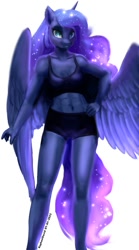 Size: 499x900 | Tagged: safe, artist:raphaeldavid, character:princess luna, species:alicorn, species:anthro, g4, abs, bra, clothing, colored eyebrows, eyebrows, female, hand, hand on hip, hips, looking at you, mare, midriff, muscles, shorts, signature, simple background, smiling, solo, sports bra, sports shorts, spread wings, underwear, white background, wings, workout outfit