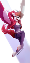 Size: 1081x2285 | Tagged: safe, artist:raphaeldavid, oc, oc only, oc:crimson trace, species:anthro, species:pegasus, species:unguligrade anthro, g5, anthro oc, clothing, colored hooves, colored wings, cute, female, freckles, glasses, hooves, jacket, mare, multicolored wings, ocbetes, open mouth, open smile, pants, pegasus oc, shirt, signature, simple background, smiling, solo, spread wings, three quarter view, two toned wings, unshorn fetlocks, white background, wings