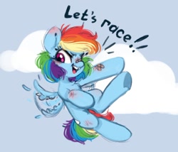 Size: 916x783 | Tagged: safe, artist:melodylibris, character:rainbow dash, species:pegasus, species:pony, g4, bandage, bandaid, bandaid on nose, bruised, cloud, dialogue, female, flapping, flying, gap teeth, mare, scrapes, sky, solo, spread wings, talking, text, three quarter view, underhoof, wings