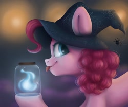 Size: 1800x1500 | Tagged: safe, artist:melodylibris, character:pinkie pie, species:earth pony, species:pony, g4, blep, clothing, cute, diapinkes, female, hat, jar, looking at you, magic, mare, profile, raised hoof, solo, spider, tongue out, witch hat