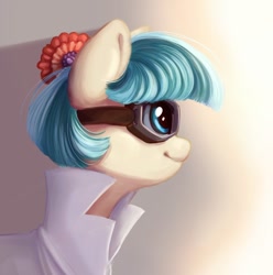 Size: 1189x1200 | Tagged: safe, artist:melodylibris, character:coco pommel, species:earth pony, species:pony, g4, bust, clothing, coat, female, goggles, lab coat, mare, profile, safety goggles, smiling, solo