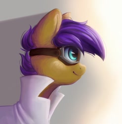 Size: 1065x1079 | Tagged: safe, alternate version, artist:melodylibris, character:scootaloo, species:pegasus, species:pony, g4, alternate character, bust, clothing, coat, female, filly, foal, goggles, lab coat, profile, safety goggles, smiling, solo, young