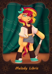 Size: 1509x2160 | Tagged: safe, artist:melodylibris, character:sunset shimmer, species:pony, species:unicorn, g4, my little pony:equestria girls, aubrey (the omori), baseball bat, clothing, cosplay, costume, eyebrows, female, looking at you, mare, omori, semi-anthro, solo, sunset cosplay flashmob, three quarter view, weapon