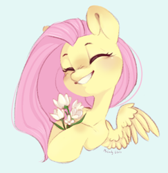 Size: 846x870 | Tagged: safe, artist:melodylibris, character:fluttershy, species:pegasus, species:pony, g4, blue background, bust, cute, eyebrows, eyes closed, female, flower, grin, happy, head tilt, hoof hold, mare, shyabetes, simple background, smiling, solo, spread wings, three quarter view, tulip, wings