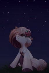 Size: 804x1200 | Tagged: safe, artist:melodylibris, oc, oc only, species:pony, species:unicorn, g5, chest fluff, colored hooves, floppy ears, flower, flower in hair, hooves, looking up, necktie, night, profile, sitting, solo, stars, unicorn oc