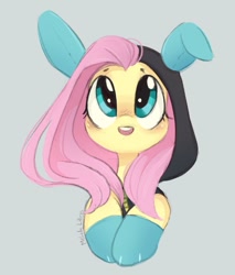 Size: 775x908 | Tagged: safe, artist:melodylibris, character:fluttershy, species:pegasus, species:pony, g4, big eyes, bust, clothing, costume, cute, dangerous mission outfit, dawwww, female, full face view, gray background, hoodie, looking up, mare, open mouth, open smile, shyabetes, simple background, smiling, solo