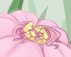 Size: 826x660 | Tagged: safe, artist:melodylibris, character:fluttershy, species:pegasus, species:pony, g4, cute, dawwww, female, flower, mare, shyabetes, signature, sleeping, solo, tiny, tiny ponies