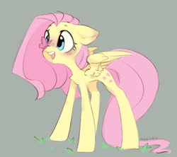 Size: 1008x895 | Tagged: safe, artist:melodylibris, character:fluttershy, species:pegasus, species:pony, g4, butterfly, butterfly on nose, cute, female, floppy ears, gray background, insect on nose, mare, open mouth, open smile, shyabetes, signature, simple background, smiling, solo, spread wings, three quarter view, wings
