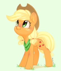 Size: 786x910 | Tagged: safe, artist:melodylibris, character:applejack, species:earth pony, species:pony, g4, applejack's hat, bandana, blushing, clothing, cowboy hat, cute, female, freckles, green background, hat, jackabetes, looking up, mare, pigtails, signature, simple background, smiling, solo, stetson, three quarter view