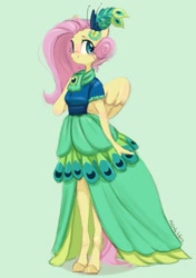 Size: 655x931 | Tagged: safe, artist:melodylibris, character:fluttershy, species:anthro, species:pegasus, species:unguligrade anthro, g4, blushing, clothing, colored hooves, cute, dress, eyebrows, female, gala dress, green background, hooves, looking at you, mare, shyabetes, signature, simple background, smiling, solo, three quarter view, wings