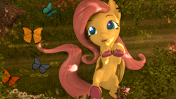 Size: 3840x2160 | Tagged: safe, artist:sylthena, character:fluttershy, species:pegasus, species:pony, g4, 3d, adorable face, bush, butterfly, colored hooves, cute, dawwww, female, flower, folded wings, forest, glowing, glowing eyes, grass, ground, happy, hooves, lying down, lying in grass, mare, on back, outdoors, revamped ponies, shyabetes, smiling, solo, source filmmaker, tail, tree, unshorn fetlocks, volumetric light, wings