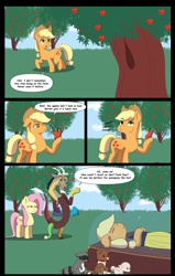 Size: 2864x4500 | Tagged: safe, artist:chedx, character:applejack, character:discord, character:fluttershy, character:winona, species:dog, species:draconequus, species:earth pony, species:pegasus, species:pony, g4, apple, apple tree, comic, dialogue, female, food, hoof hold, male, mare, raccoon, snow white, speech bubble, text, three quarter view, tree