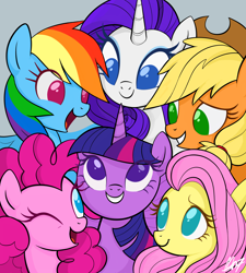 Size: 4500x5000 | Tagged: safe, artist:mn27, character:applejack, character:fluttershy, character:pinkie pie, character:rainbow dash, character:rarity, character:twilight sparkle, character:twilight sparkle (alicorn), species:alicorn, species:earth pony, species:pegasus, species:pony, species:unicorn, g4, bust, cute, digital art, female, gray background, looking at each other, mane six, mare, no pupils, one eye closed, open mouth, portrait, procreate app, signature, simple background, smiling, wink
