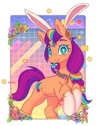 Size: 913x1199 | Tagged: safe, artist:wavecipher, character:sunny starscout, species:earth pony, species:pony, g5, bunny ears, clothing, colored eyebrows, cute, easter, easter bunny, eyebrows, female, flower, flower in hair, holiday, looking at you, mare, multicolored hair, rearing, socks, solo, sunnybetes, three quarter view, white pupils