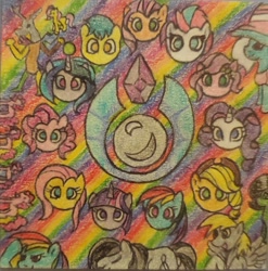 Size: 2006x2029 | Tagged: safe, character:applejack, character:derpy hooves, character:discord, character:fluttershy, character:hitch trailblazer, character:izzy moonbow, character:pinkie pie, character:pipp petals, character:rainbow dash, character:rarity, character:sunny starscout, character:trixie, character:twilight sparkle, character:zipp storm, species:draconequus, species:earth pony, species:pegasus, species:unicorn, g4, g5, alternate design, april fools, blaze (coat marking), colored, crayon drawing, cute, doodle, drawing, earth pony crystal, gradient hair, holiday, mane g5, mane six, multicolored hair, no pupils, pegasus crystal, pipp wings, r/place, reddit, redesign, traditional art, unicorn crystal