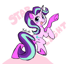 Size: 1204x1053 | Tagged: safe, artist:xekiida, character:starlight glimmer, species:pony, species:unicorn, g4, cute, female, glimmerbetes, looking at you, mare, open mouth, open smile, rearing, signature, simple background, smiling, solo, text, three quarter view, underhoof