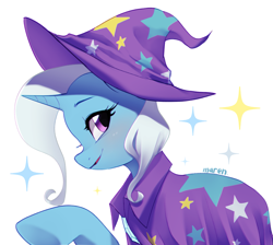 Size: 2517x2257 | Tagged: safe, artist:maren, character:trixie, species:pony, species:unicorn, g4, clothing, eyebrows, female, hat, looking at you, mare, profile, raised hoof, signature, simple background, solo, sparkles, trixie's hat, white background, wizard hat