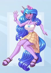Size: 2894x4093 | Tagged: safe, artist:dandy, part of a set, character:izzy moonbow, species:anthro, species:pony, species:unguligrade anthro, species:unicorn, g5, armpits, blue background, blushing, bracelet, breasts, chest fluff, clothing, cute, ear fluff, eye clipping through hair, eyebrows, eyebrows visible through hair, eyelashes, gradient hair, hipposandals, horn, izzybetes, jewelry, looking at you, midriff, multicolored hair, necklace, open mouth, plaid skirt, sandals, shirt, shoes, simple background, skirt, smiling, solo, tank top, unshorn fetlocks, waving