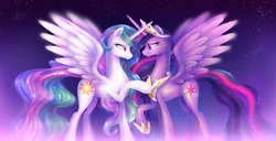Size: 2374x1218 | Tagged: safe, artist:sparkleee-sprinkle, character:princess celestia, character:twilight sparkle, character:twilight sparkle (alicorn), species:alicorn, species:pony, episode:the last problem, g4, my little pony: friendship is magic, clothing, crown, digital art, duo, duo female, duo focus, eyelashes, fanart, female, flowing mane, hoof shoes, horn, jewelry, looking at each other, mare, momlestia, mother, necklace, older, older twilight, peytral, princess twilight 2.0, profile, regalia, shoes, smiling, spread wings, stars, wings