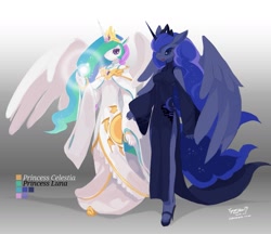 Size: 1155x1000 | Tagged: safe, artist:tysontan, character:princess celestia, character:princess luna, species:anthro, g4, clothing, colored pupils, dress, female, gradient background, hair over one eye, looking at you, mare, open mouth, signature, simple background, spread wings, three quarter view, wings