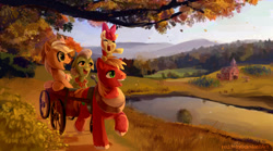 Size: 900x500 | Tagged: dead source, safe, artist:reddwin, character:apple bloom, character:applejack, character:big mcintosh, character:granny smith, species:earth pony, species:pony, g4, apple family member, female, filly, journey, lake, leaves, male, mare, reflection, scenery, singing, stallion, sweet apple acres, water, young