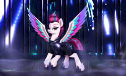 Size: 2000x1200 | Tagged: safe, artist:darksly, manebooru spotlight, character:tempest shadow, character:zipp storm, species:pegasus, species:pony, g4, g5, alternate hairstyle, alternate universe, armor, clothing, colored eyebrows, colored wings, crossover, eye scar, eyebrows, female, hoof shoes, looking at you, mare, multicolored wings, raised hoof, scar, shoes, signature, solo, spread wings, three quarter view, wings