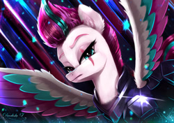 Size: 1997x1403 | Tagged: safe, artist:darksly, character:tempest shadow, character:zipp storm, species:pegasus, species:pony, g4, g5, alternate hairstyle, alternate universe, armor, colored eyebrows, colored wings, eye scar, eyebrows, female, looking at you, mare, multicolored wings, scar, signature, solo, spread wings, three quarter view, wings