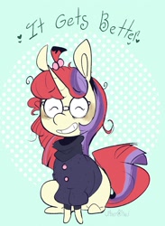Size: 1691x2311 | Tagged: safe, artist:urbanqhoul, character:moondancer, species:pony, species:unicorn, g4, abstract background, cute, female, glasses, mare, positive message, positive ponies, signature, simple background, sitting, smiling, solo, text